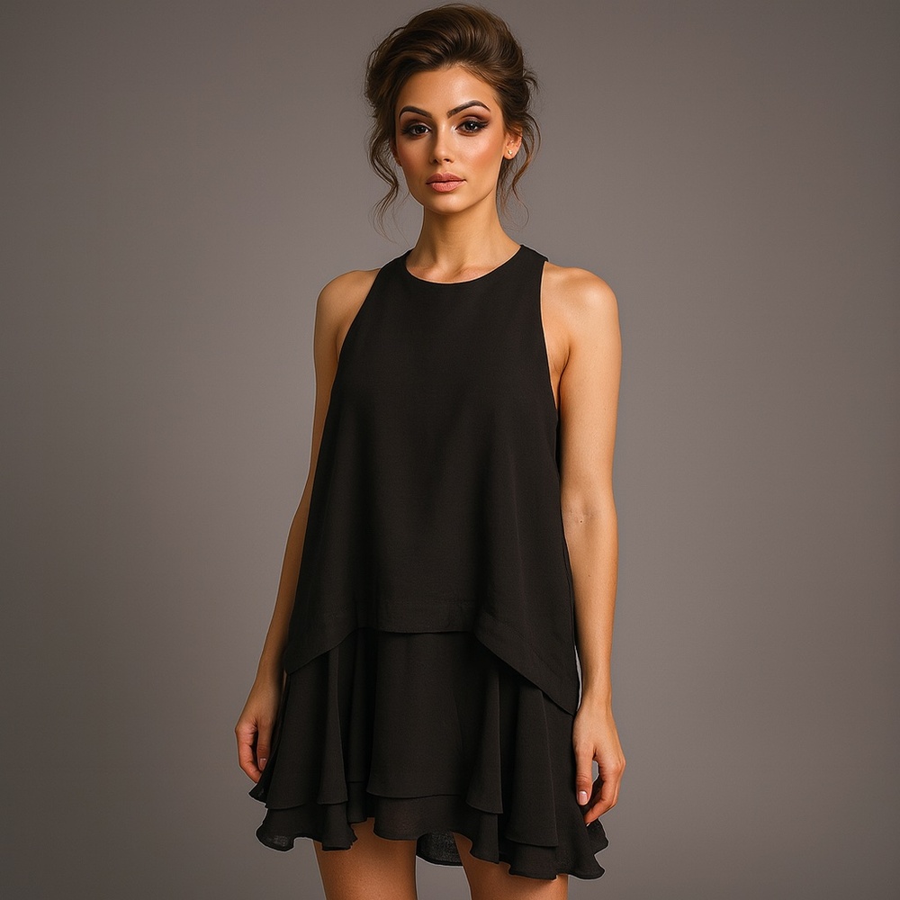 Krisa Black Sleeveless Layered Midi Dress- M